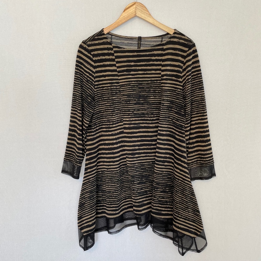 IC BY CONNIE K Women’s Large Tan & Black Long Sleeve Swing Tunic Mesh Accents